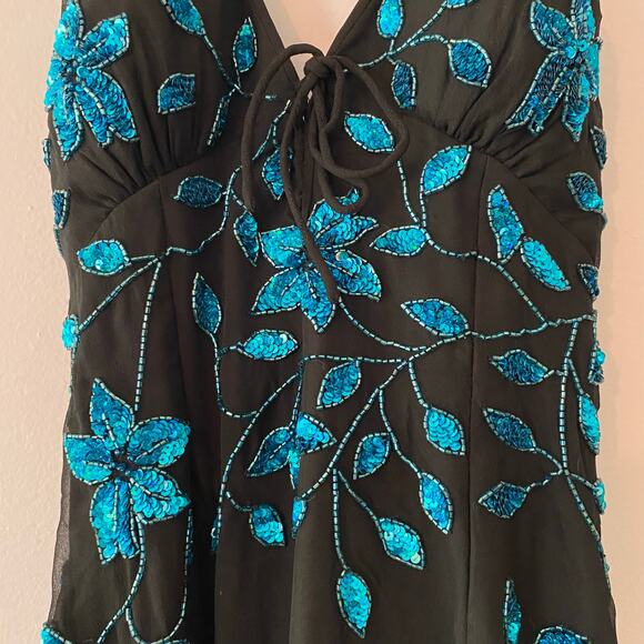 Cache Y2K Black Blue 100% Silk Beaded Floral Halter Midi Dress Women's size XS - Picture 4 of 12